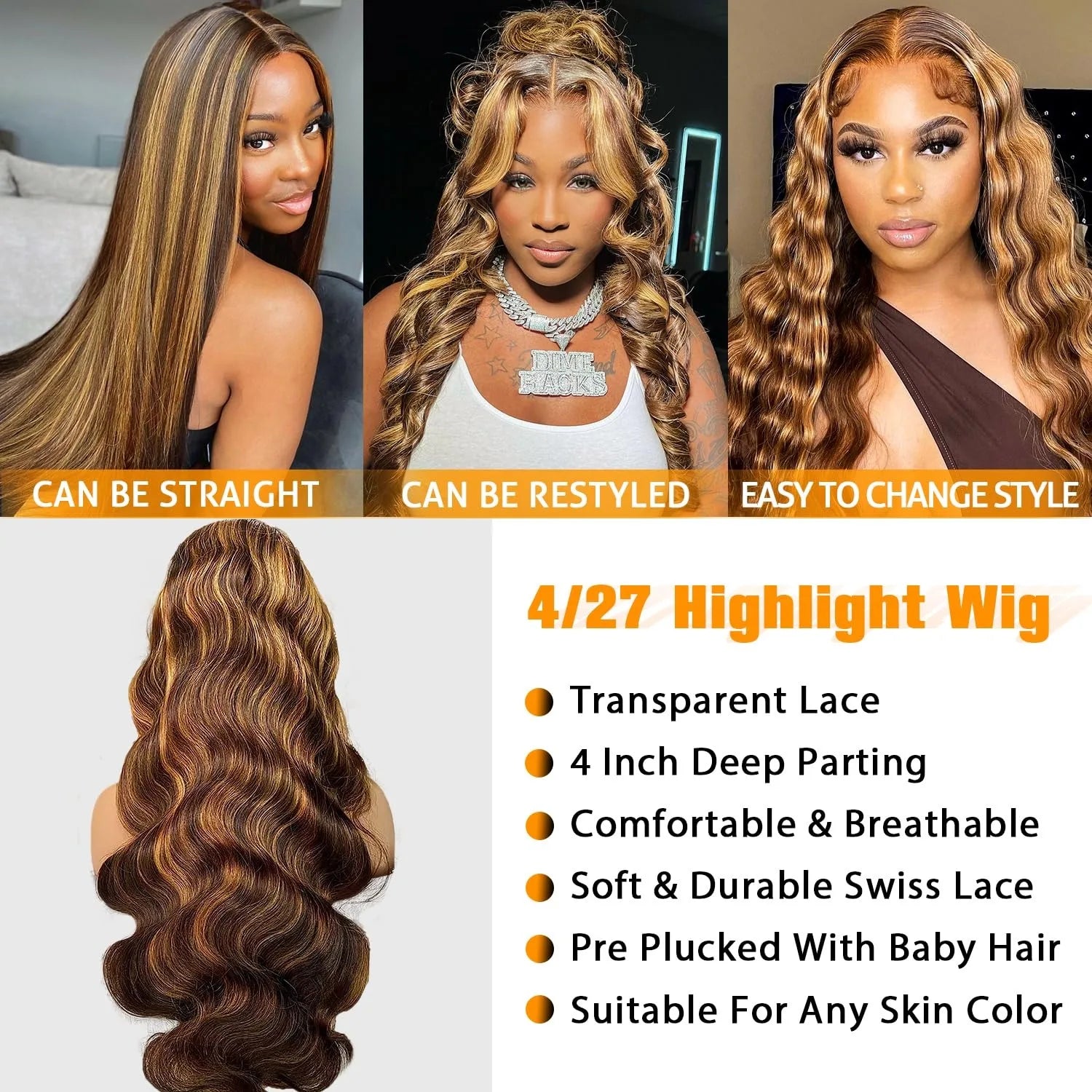 30 Inch Honey Blonde Ombre 13X4 HD Lace Front Wig Human Hair Highlight Body Wave Lace Frontal Wigs Pre Plucked 4/27 Colored
