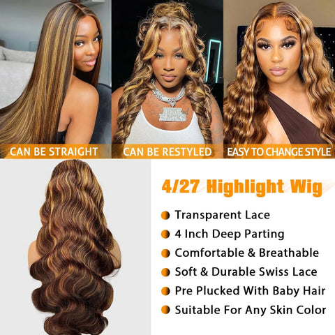 30 Inch Honey Blonde Ombre 13X4 HD Lace Front Wig Human Hair Highlight Body Wave Lace Frontal Wigs Pre Plucked 4/27 Colored