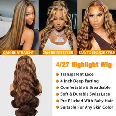30 Inch Honey Blonde Ombre 13X4 HD Lace Front Wig Human Hair Highlight Body Wave Lace Frontal Wigs Pre Plucked 4/27 Colored