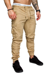 Men High Elastic Cargo Pants Summer Lace Up Drawstring Pocket Harem Stretch Full Trousers BSD-8811