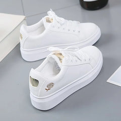 Women Leather Pu Casual Shoes New 2025 Woman Shoes Fashion Embroidered White Sneakers Breathable Flower Lace-Up Women Sneakers