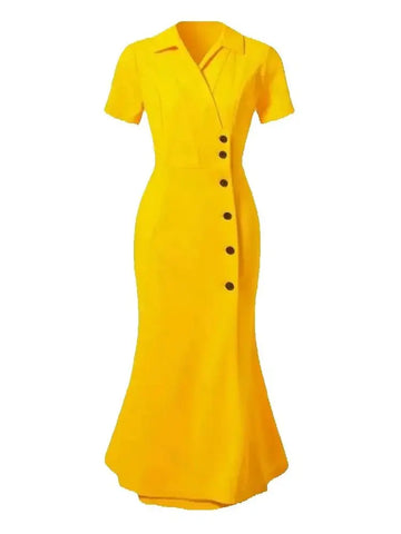 Elegant Solid Color Short Sleeve Button-Up Neck Midi Dress Casual Slimming Women's Dress