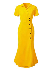 Elegant Solid Color Short Sleeve Button-Up Neck Midi Dress Casual Slimming Women's Dress