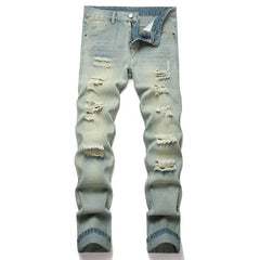 American Fashion Street Style Ripped Skinny Jeans  Street Riding Stretch Slim Fit Straight Pants Patchwork  Denim Trousers Male