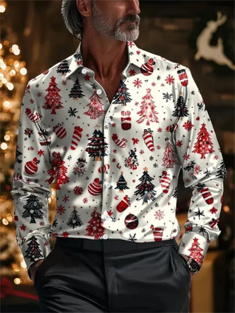 Men's business long sleeved button up shirt, Christmas 3D printed pattern, fashionable long sleeved casual shirt, high-quality c