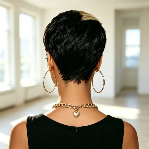 Pixie Cut Short Human Hair Wig Half Black Half Blonde Style Full Machine Made Wig Fashion Easy Wear Great For Women