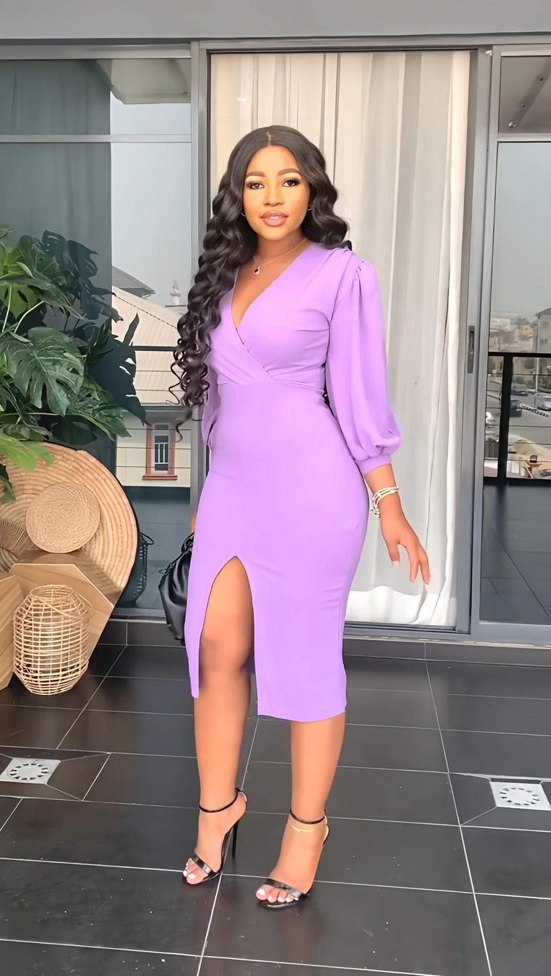 Spring Summer V-neck Slim Slit Dress Women Fashion Office Lady Solid Long Lantern Sleeve Slim Dress Women