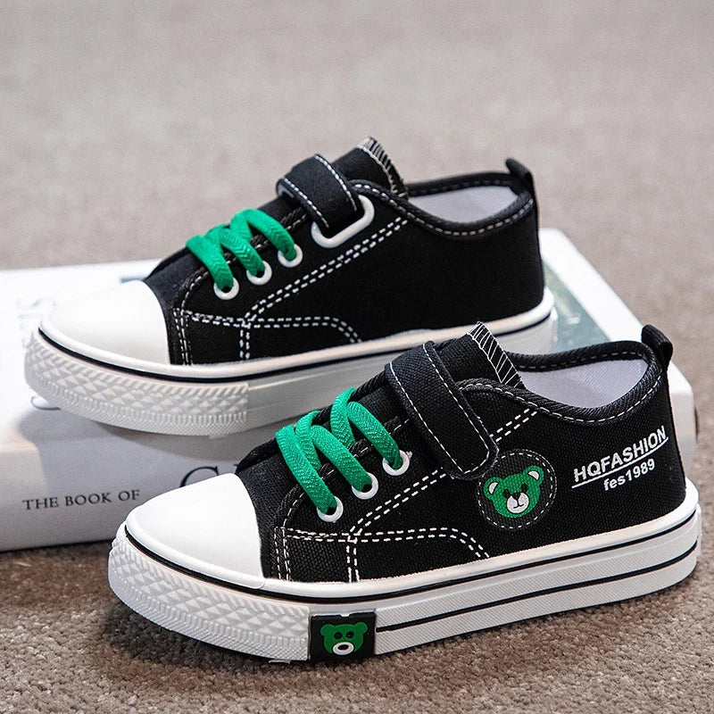 Children Canvas Shoes Boy Sneaker Bear Print Casual School Shoes Lightweight Flat Boy Tennis Shoes