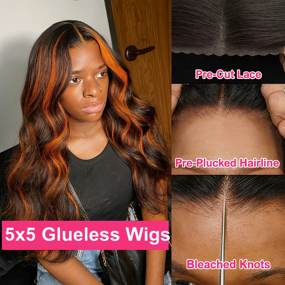 Ginger Highlight Brown Hair Body Wave 5x5 Lace Closure Glueless Wig Human Hair Balayage Ombre Ginger Colored Lace Frontal Wigs