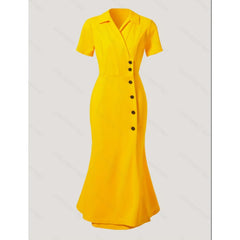 Elegant Solid Color Short Sleeve Button-Up Neck Midi Dress Casual Slimming Women's Dress