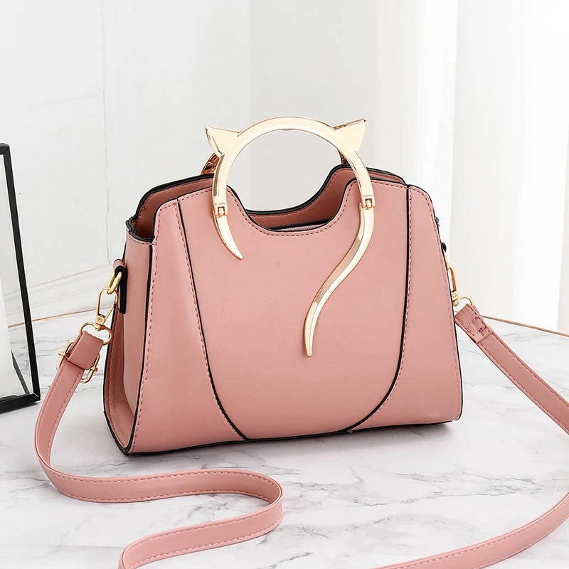 Cat Shaped Handle Women Handbag Trendy And Fashionable, Solid Color, Simple And Casual Crossbody Shoulder Shell Bag