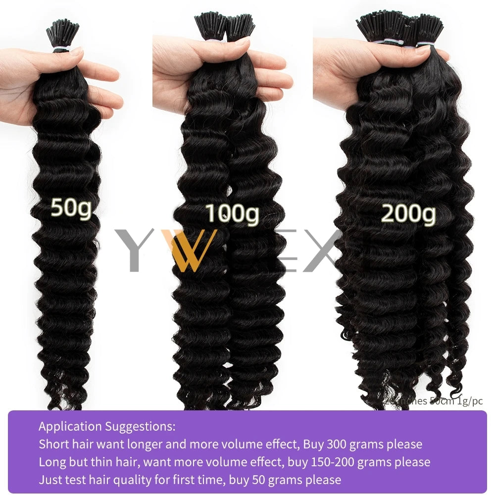 YWUEXT Loose Deep Wave Micro Link I Tip Hair Extensions 12"-26" Brazilian 100% Virgin Human Hair Micro Ring Hair 50pcs/pack