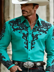 Men's Western Cowboy Style Fashion Print Long-Sleeve Shirt, Retro Lapel Slim Fit, Outdoor Casual Shirt, Sizes XS-6XL, 21 Colors