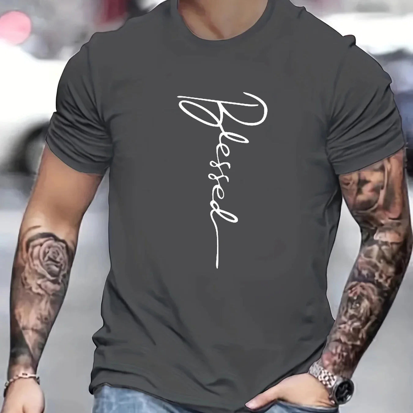 Men's summer loose fit oversized Blessed printed slim fit casual sports round neck short sleeve