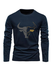 Men's 100% pure cotton loose fit plus size comfortable casual sports bull pattern printed round neck long sleeved T-shirt top