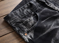 Jeans Men Vintage Distressed Pencil Pants Mid Waist Zipper Pockets Slim Ankle Length Trousers