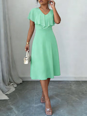 Midi Dress Spring Summer Women Mint Green V Neck Ruffle Sleeve Flared Elegant Chic Date Party Office Daily Dress