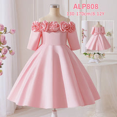 New Girls Pink Knee Length Shoulderless Dress Older Children Shoulder 3D Flower Dress Party Catwalk Evening Dress 8-12Y ASQ03