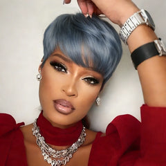 Straight Pixie Cut Bob Wig Human Hair for Women Machine Made Short Wigs with Pre-Styled Bangs Natural Looking Daily Wear