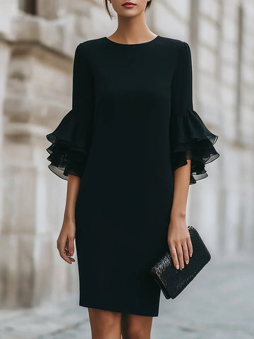 Ruffle Sleeve Bodycon Midi Dress Women Elegant Knee Length Sheath Party Cocktail Dress Long Sleeve Office Lady Dresses