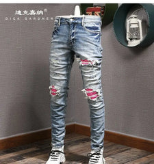 Men's Clothing Autumn and Winter Slim-fit Jeans Ripped Leggings Trendy Brand Cotton Handsome Trousers