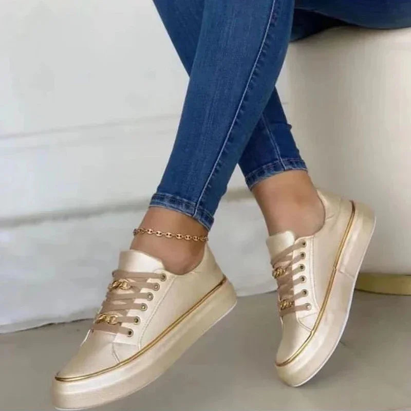 Women's Sneakers 2024 New Fashion Chain Leather Comfortable Round Toe Platform Sneakers Lace-up Walking Women's Vulcanized Shoes
