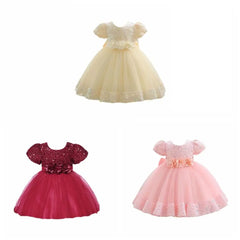 Fashion Puff Sleeve Girls Princess Evening Dress Flower Shiny Glitter Summer Lace Dress Sweet Bowknot Party Dress Skirt Party