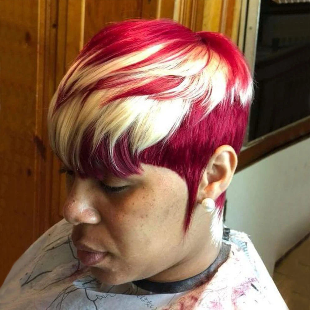 Human Hair Wig Pixie Cut Wig Highl Short Human Hair machine Women