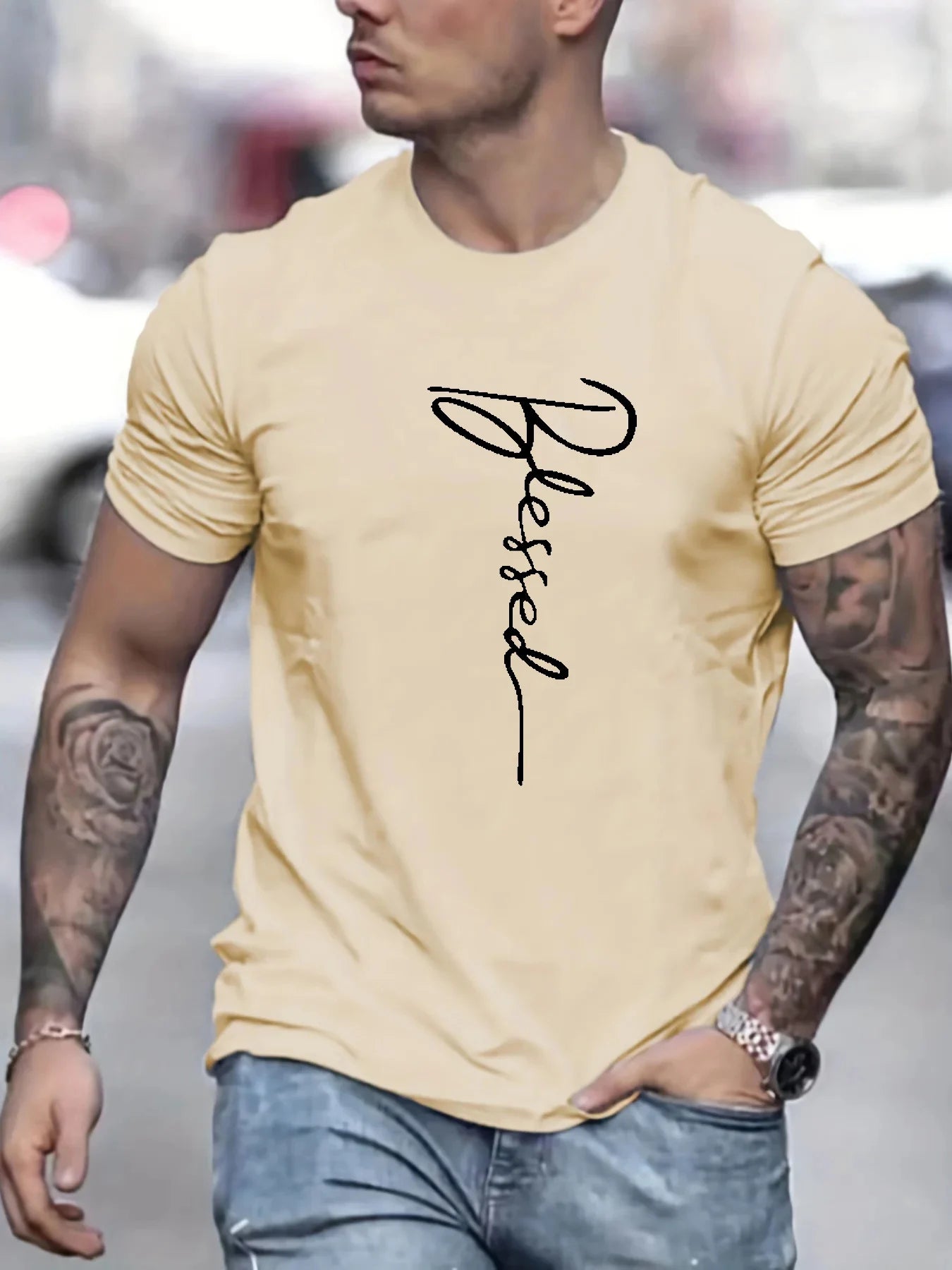 Men's summer loose fit oversized Blessed printed slim fit casual sports round neck short sleeve