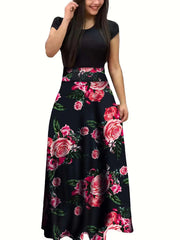 Retro Elegant Commuter Style Polka Dot High Waist  Flower Print Color Matching Short Sleeved Dress
