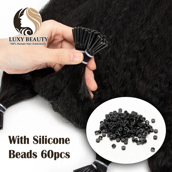 Kinky Straight Microlinks Hair Extensions Human Hair Natural Black Keratin I Tip Nano Ring Hair Extension Silicone Beads 50g/Set
