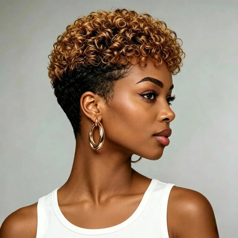 Two Tone Black Honey Blonde Short Kinky Curly Human hair Fashion 80% Density  full wig