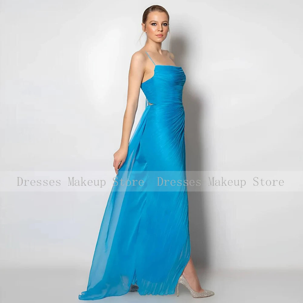 Concert Costumes Elegant Gemstone Sky Blue Chiffon Pleat Front Fork Elegant dress