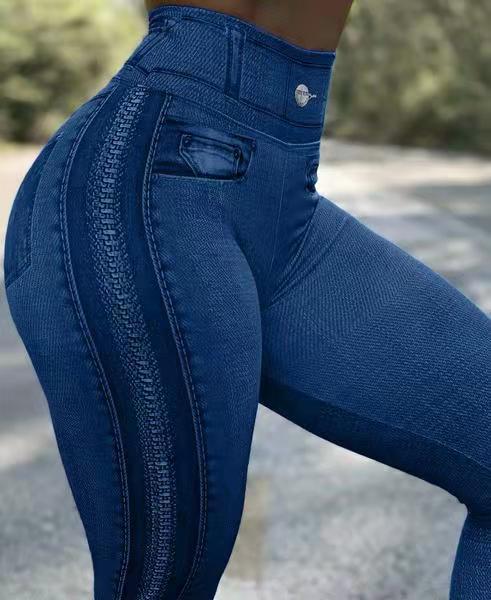 Women Leggings Jeans High Waist Running Sports Faux Denim Slim Fashion Fitness Yoga Pants Female Elastic Casual Pencil Trousers
