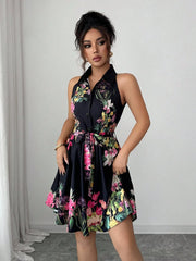 Tropical Print Halter Neck Dress, Vacation Style Backless Dress For Spring & Summer, Women Clothing Women Dress Summer Slimming