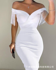 Women Knee Length V Neck Sexy Party Evening High Waist Tassel Decor Off Shoulder Bodycon Dress White Dress Summer