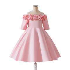 New Girls Pink Knee Length Shoulderless Dress Older Children Shoulder 3D Flower Dress Party Catwalk Evening Dress 8-12Y ASQ03