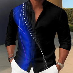 New men's geometric gradient line satin shirt, fashionable casual vacation day wear, lapel 3D printed button up shirt