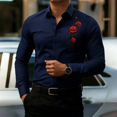 Men's Long-Sleeved Shirt, Featuring a Vintage Red Rose Print Design. A Stylish