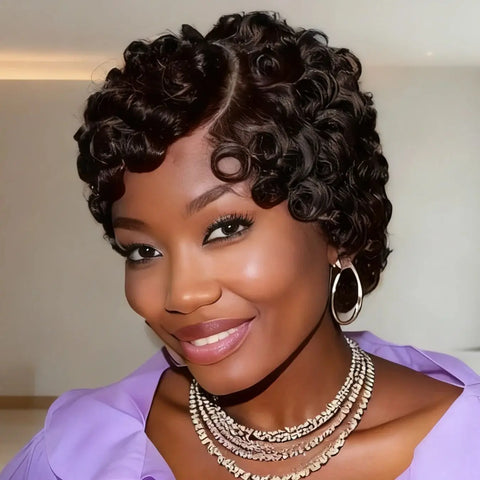 Short Layered Pixie Cut with Bangs 13x4 Lace Human Hair Wig for Women Natural Black Dark 99J and Brown Color Curly Wavy Hair