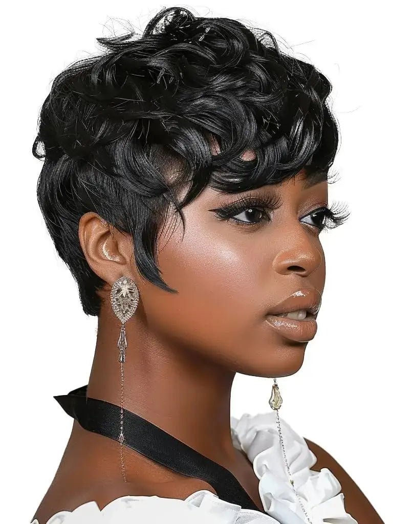 Black women's short elf wig with bangs, layered style, curly synthetic short hair wig, women's short curly wig