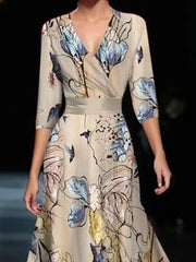 Fashionable V-neck Three-quarter Sleeve Dress For Women Spring Autumn New Elegant Waisted Floral Printing Casual Dresses Female
