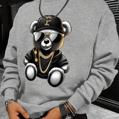 Men's autumn and winter fashionable casual loose cool bear cartoon graphic print fleece long sleeved