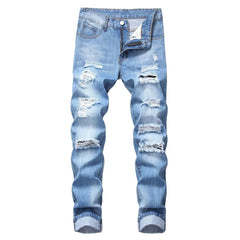 Punk Street Style Ripped Skinny Jeans Men Vintage Wash Solid Denim Trouser Mens Casual Slim Fit Pencil Denim Holes Pants 2024