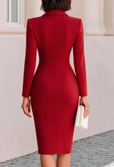 Elegant Women BlazerMidi Dress V Neck Lapel Collar Long Sleeve Shoulder Pad Single Button Slim Bodycons