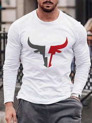 Men's 100% pure cotton loose fit plus size comfortable casual sports bull pattern printed round neck long sleeved T-shirt top