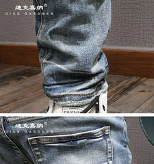 Men's Clothing Autumn and Winter Slim-fit Jeans Ripped Leggings Trendy Brand Cotton Handsome Trousers