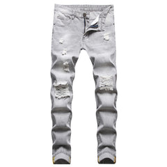 Mens Jeans Large-size Straight Light Gray Denim Trousers Spring  Ripped Jeans