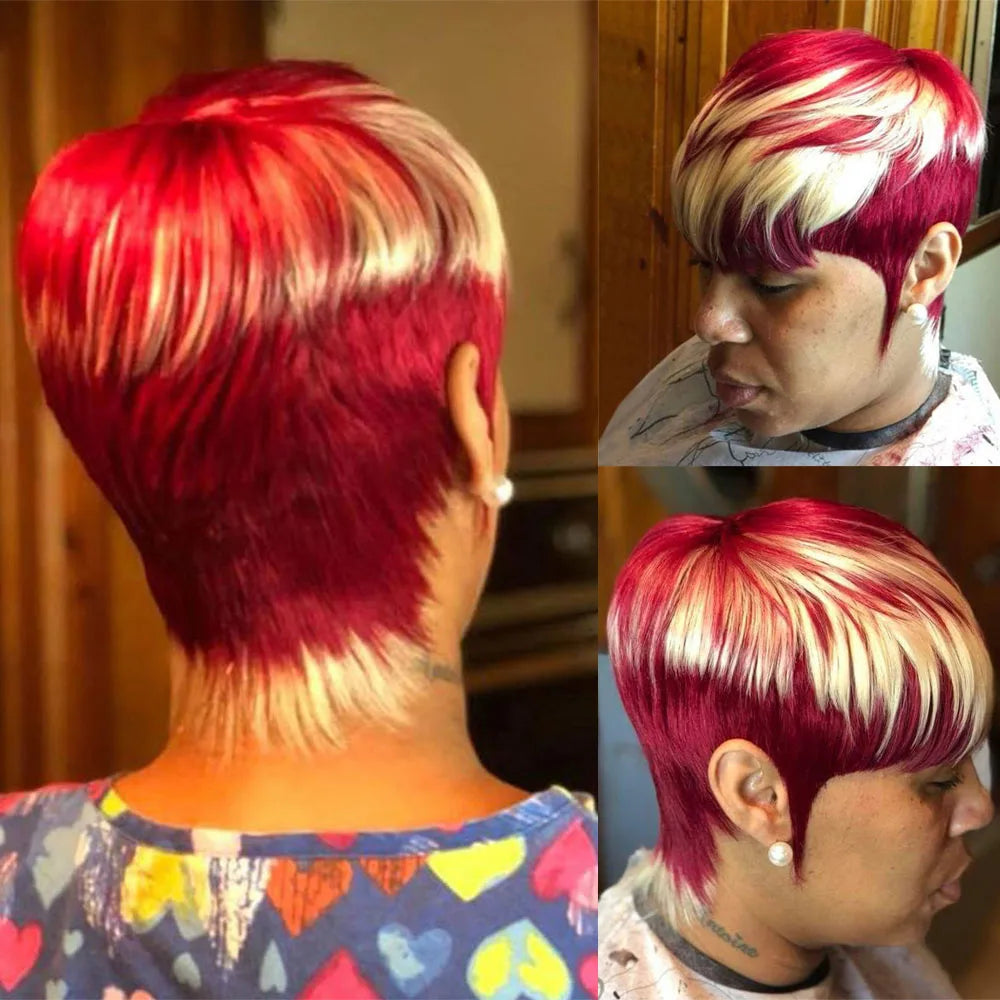 Human Hair Wig Pixie Cut Wig Highl Short Human Hair machine Women