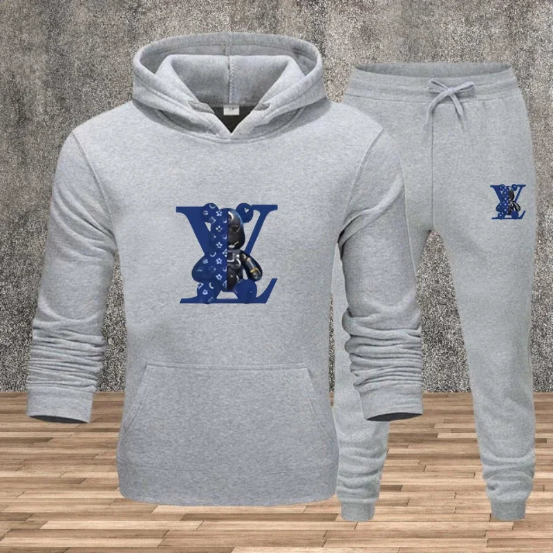 Men's hooded pullover + sweatpants fitness set for autumn and winter, casual jogging two-piece set